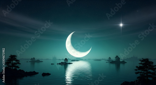 Crescent moon and star over calm sea at night, serene Islamic Eid celebration background with distant minarets, spiritual Ramadan night landscape, peaceful water reflection.