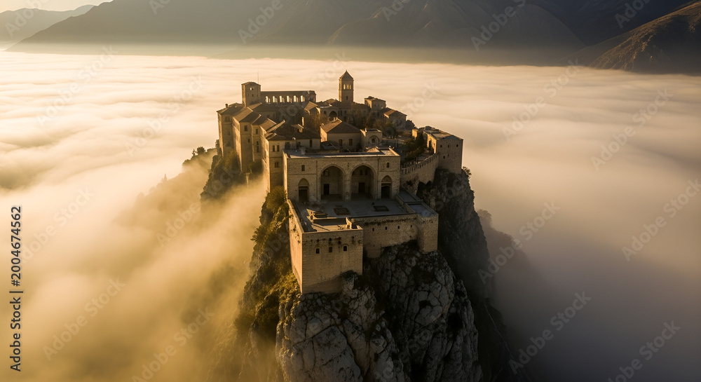Fototapeta premium Ancient Islamic citadel on a mountain peak rising above clouds at sunrise, ethereal fortress architecture for Eid Mubarak celebration, spiritual landscape, mystical morning light.