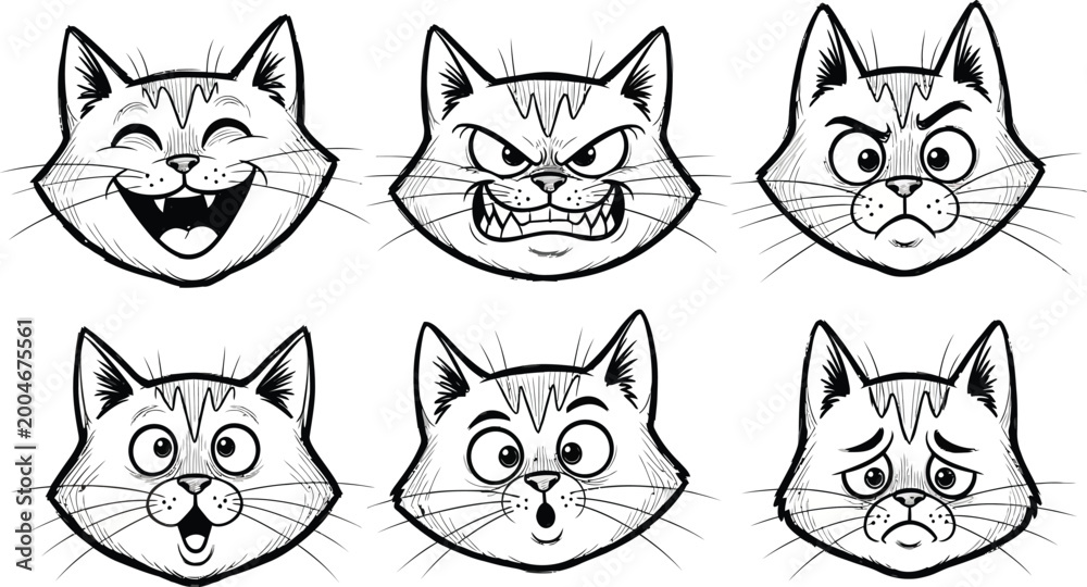Fototapeta premium Six expressive cat faces a whimsical black and white illustration