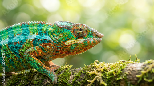 Vibrant chameleon perched on a moss-covered branch, showcasing its intricate patterns and colors in natural light