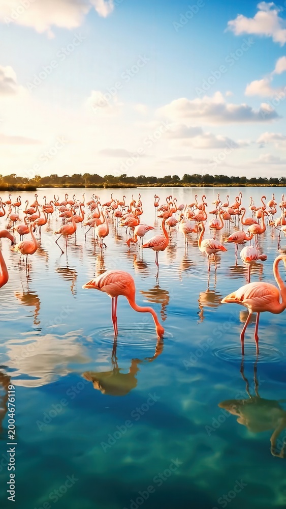 Fototapeta premium Group of pink flamingos wading in calm water, some feeding while others stand gracefully, with a serene landscape and blue sky in the background