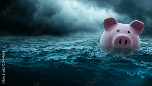 Piggy bank floating in stormy ocean, symbolizing sinking savings for household saver and small business owner. Dramatic clouds and choppy waves create moody