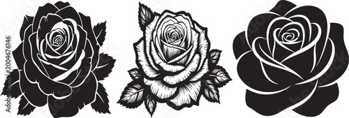 Black Rose Flower Silhouettes with Detailed Petals, Floral Botanical Vector Collection Isolated on White