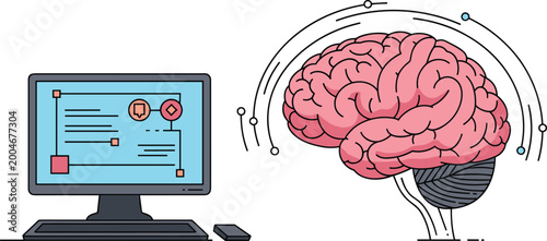 Bild auf Leinwand Brain connected to computer interface flat vector illustration for artificial in