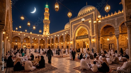 Eid al-Adha celebration in a beautifully lit mosque courtyard at night with people gathered