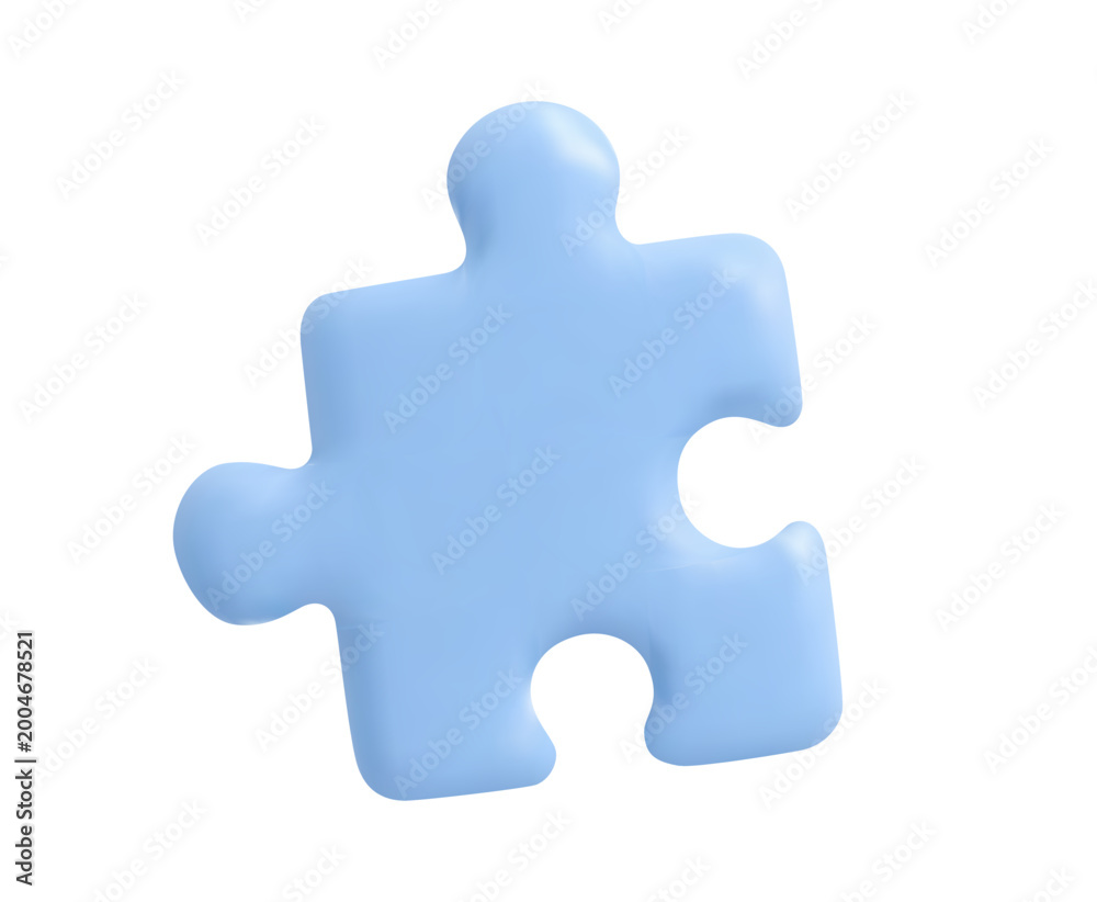 Obraz premium Minimalist blue 3D puzzle piece icon isolated on a white background. Realistic glossy render of a single jigsaw element.