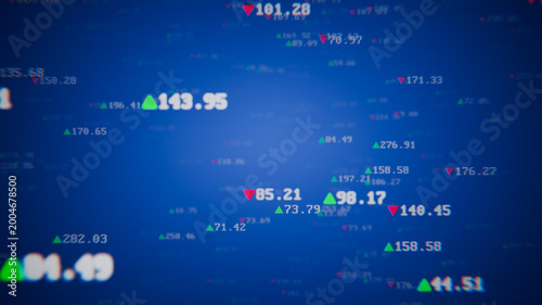 Принти на полотні Changing stock market ticker numbers with prices and indexes on a blue financial background