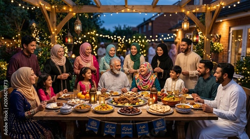 Traditional Eid al-Adha family gathering with diverse people at dinner table in backyard