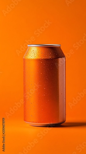 A cold soda can with water droplets on an orange background for beverage advertising