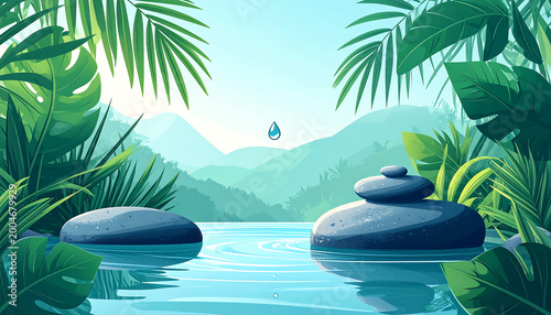 Serene tropical landscape illustration with water rocks and lush greenery
