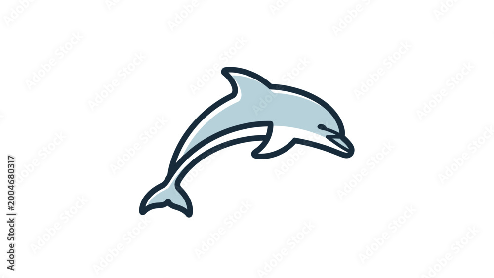 Fototapeta premium A simple, playful light blue dolphin leaps across a white background