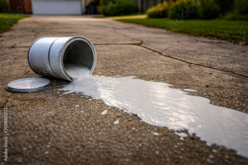 White Paint Spill on a Driveway: Oops, Cleanup, and Home Maintenance Background