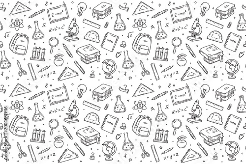 Back to School Doodle Pattern with Backpack and Study Tools Seamless Background