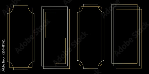 Golden thin frame set. Gold geometric borders in art deco style. Thin linear radiance rectangular shape collection. Yellow glowing shiny boarder element pack. Vector bundle for photo, cadre, poster