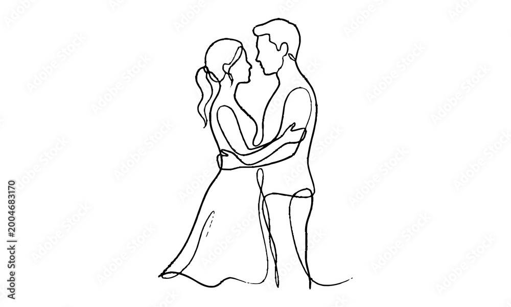 Obraz premium Continuous single line drawing of a romantic couple standing and hugging each other Vector, illustration line art silhouette