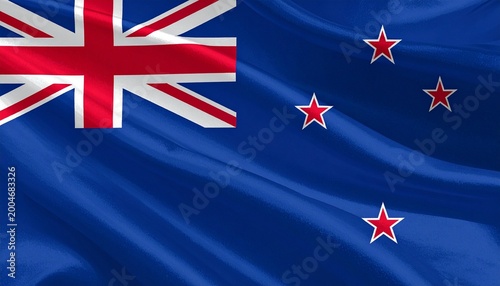 New Zealand national flag with blue field, Union Jack, and four red stars with white borders forming Southern Cross constellation.