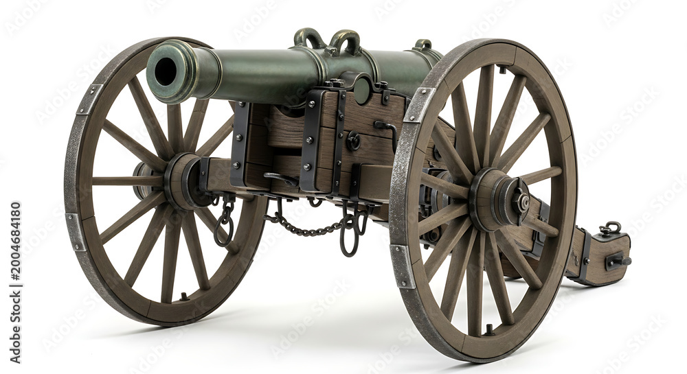 Fototapeta premium Authentic vintage field artillery cannon replica with wooden wheels, precisely isolated on a crisp white background