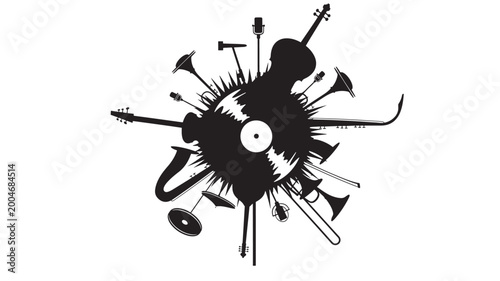 Fotografie Guitarist silhouette rock band icon with multiple instruments and mic on white b
