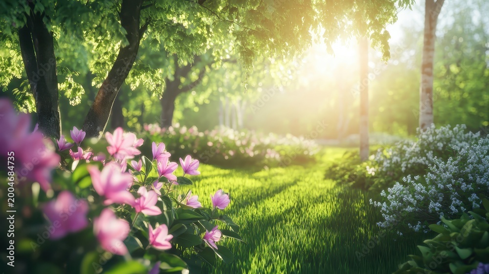 Obraz premium Sun Dappled Garden Pathway Lined with Vibrant Pink Wildflowers and Lush Green Grass Under Bright Sunlight