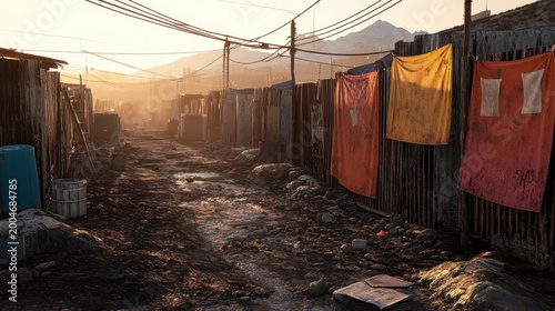 Urban poverty alleviation community support development efforts with warm light and artistic composition in a rural landscape background