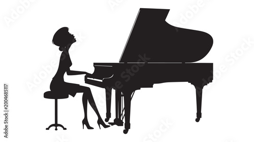 Pianist silhouette playing grand piano on studio stage in high-contrast monochrome vector style featuring music instrument, keyboard, concert with