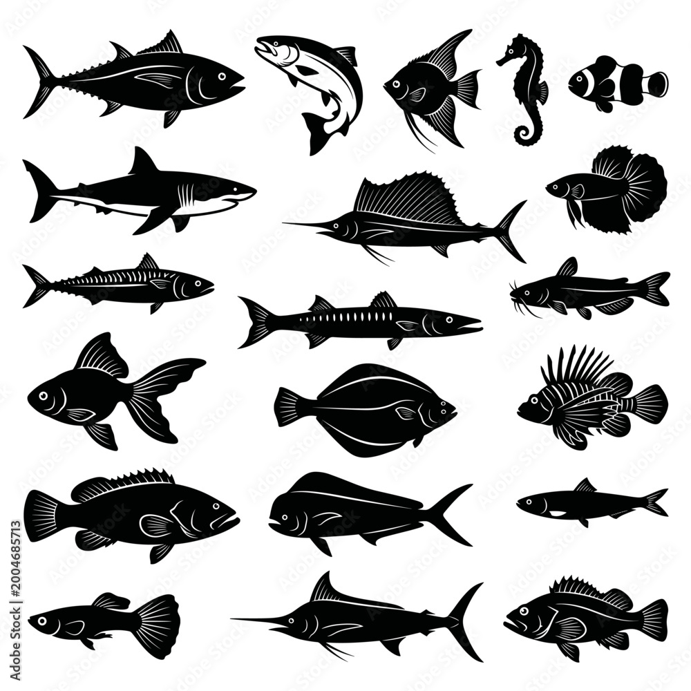 Obraz premium black and white vector silhouette set set of fish types