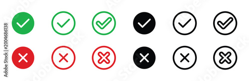 Check mark cross mark line icon set green red black circle button for approve and reject