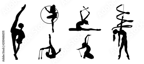 Tableau sur toile Silhouettes of rhythmic gymnasts against a white background
