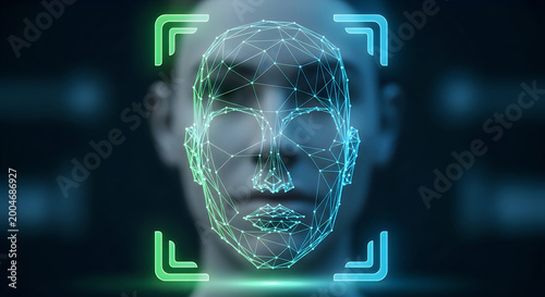 Digital face recognition technology, biometric security system, 3d wireframe of a human face, artificial intelligence concept