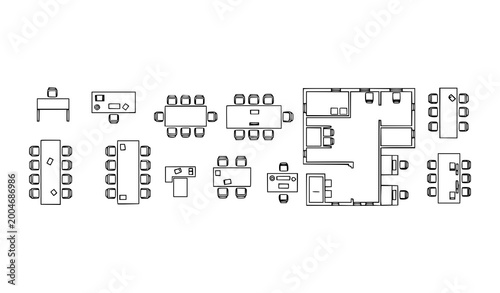 Minimal office furniture outline icons with desks meeting tables and floor plan elements vector set