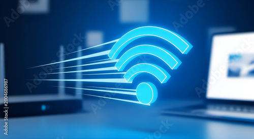 Highspeed wireless internet connection concept with a glowing blue wifi symbol, router, and laptop on a desk