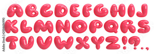 3D red plastic font. Bold bubble typescript. Y2K alphabet. Groovy candy letters. Three-dimensional round typeface isolated on transparent background