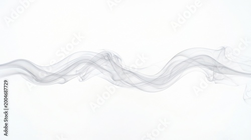Smooth floating vapor cloud ribbon on white background, soft gray smoke wave