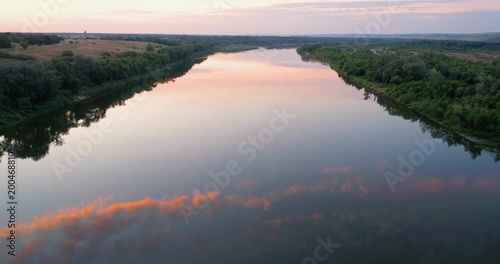 sunrise on the Don river, 4K aerial view of morning mist at sunrise, morning mist on the river,  Aerial view of mystical river at sunrise with fog