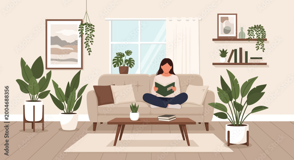 Fototapeta premium Cozy Living Room with Woman Reading Book on Sofa Surrounded by Houseplants