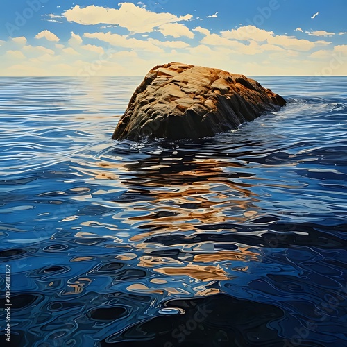Lone rock emerges from shimmering ocean surface