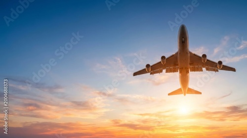 Commercial airplane flying above dramatic clouds during sunset. Commercial airplane flying in sunset sky, bottom view of passenger jet with large copy space, travel and aviation concept