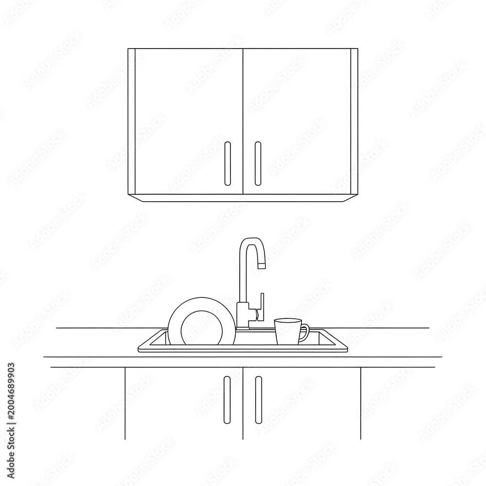 Fototapeta premium Kitchen sink and cabinet line drawing