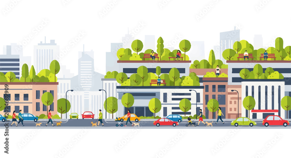 Naklejka premium Cityscape with green roofed buildings and urban landscape