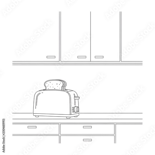 Line drawing of toaster on kitchen counter
