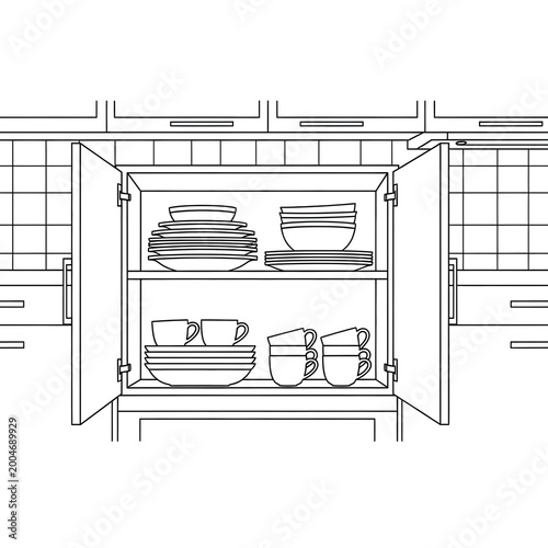 Open kitchen cabinet with dishes and bowls