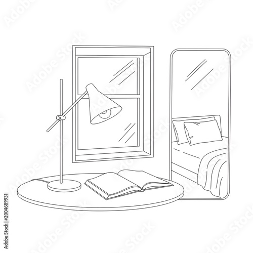 Line drawing of a lamp, book, window and mirror in a room