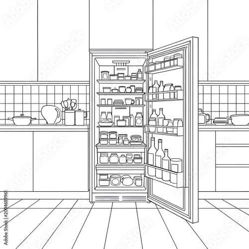 Open fridge in modern kitchen with food and drinks