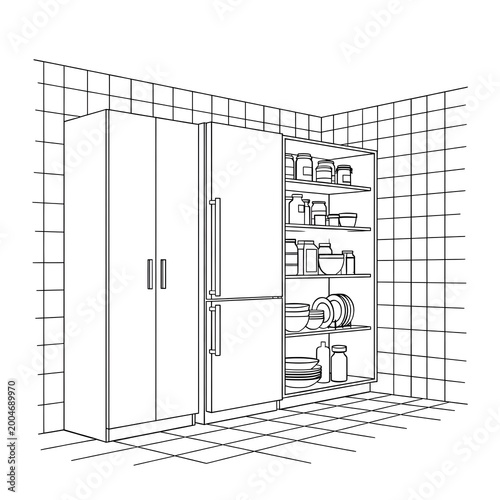 Black and white kitchen cabinet with dishes and food