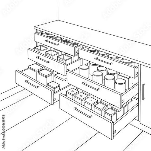 Kitchen drawer organizer with containers and boxes