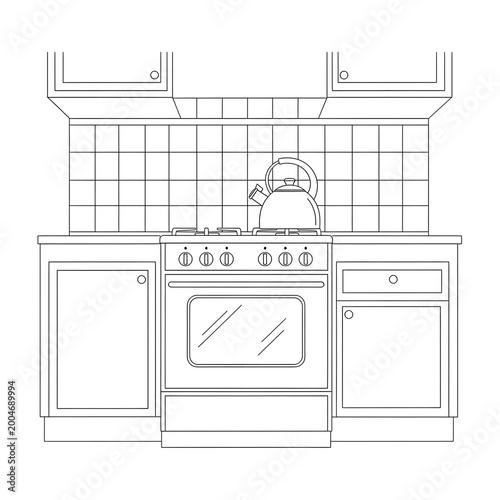 Black and white kitchen line drawing with oven and kettle
