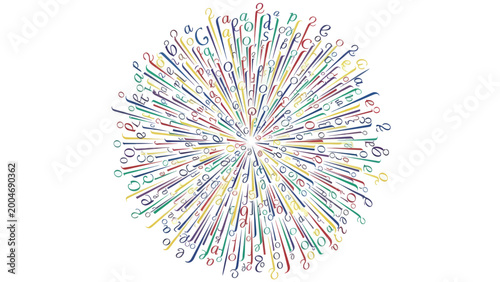 Foto Colorful letters explode outwards from a central point creating a burst pattern