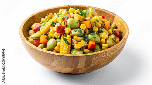 Succotash in Bamboo Bowl 35 Degree Angle Isolated on White Background Studio Shot