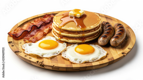 Lumberjack Breakfast on Bamboo Plate 35 Degree Angle Isolated on White Background Studio Shot