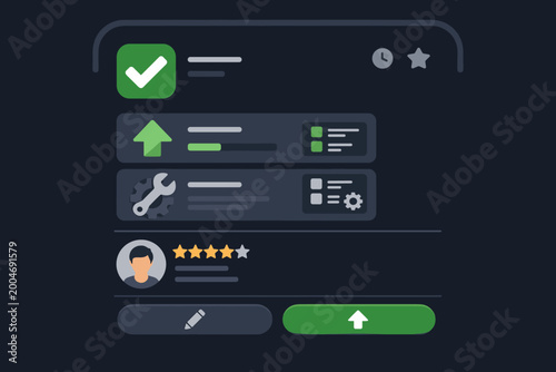 Dark mode mobile app interface illustration for task management and productivity showing completed tasks with checkmarks, user ratings, settings tools, and interactive navigation buttons.